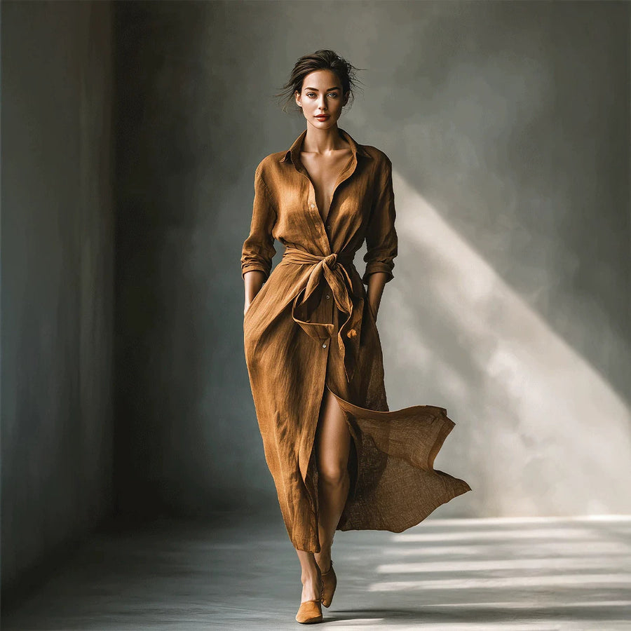 Elegant Long Shirt Collar Dress - Women's Casual Midi Dress