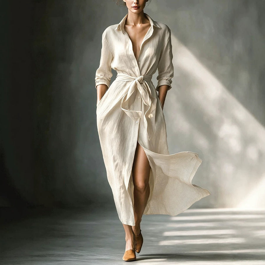 Elegant Long Shirt Collar Dress - Women's Casual Midi Dress