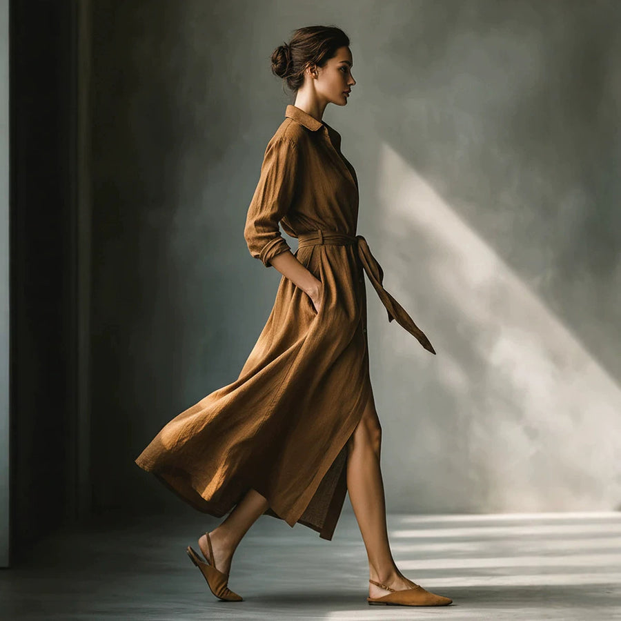 Elegant Long Shirt Collar Dress - Women's Casual Midi Dress