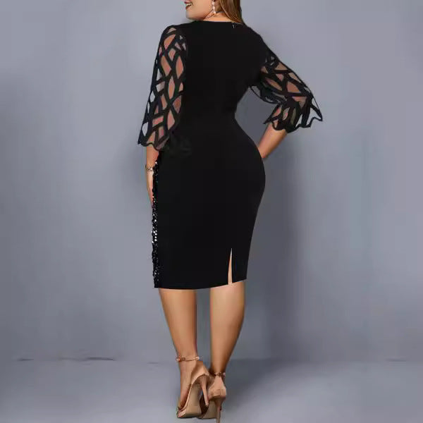 Round-neck Spliced Sparkly Figure-hugging Party Dress