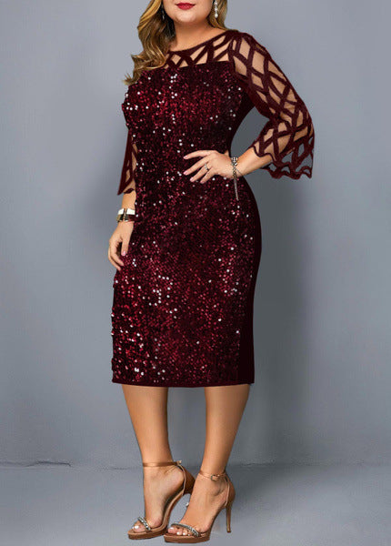 Round-neck Spliced Sparkly Figure-hugging Party Dress