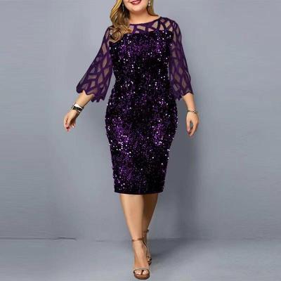 Round-neck Spliced Sparkly Figure-hugging Party Dress