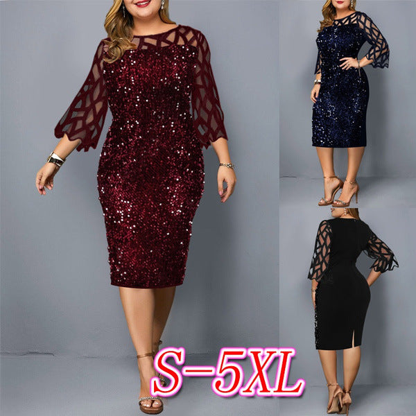 Round-neck Spliced Sparkly Figure-hugging Party Dress