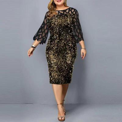 Round-neck Spliced Sparkly Figure-hugging Party Dress