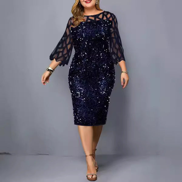 Round-neck Spliced Sparkly Figure-hugging Party Dress