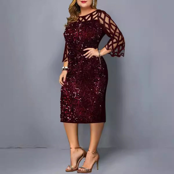 Round-neck Spliced Sparkly Figure-hugging Party Dress