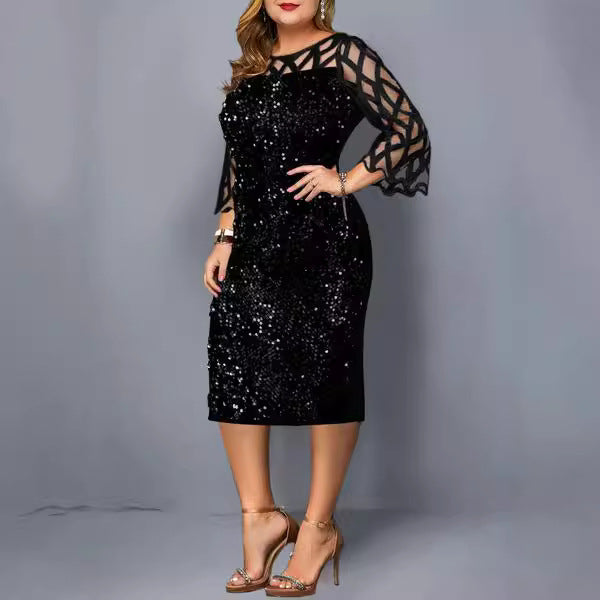 Round-neck Spliced Sparkly Figure-hugging Party Dress