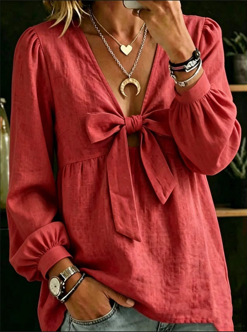 Autumn V-neck Bow Cotton Linen Shirt for Women