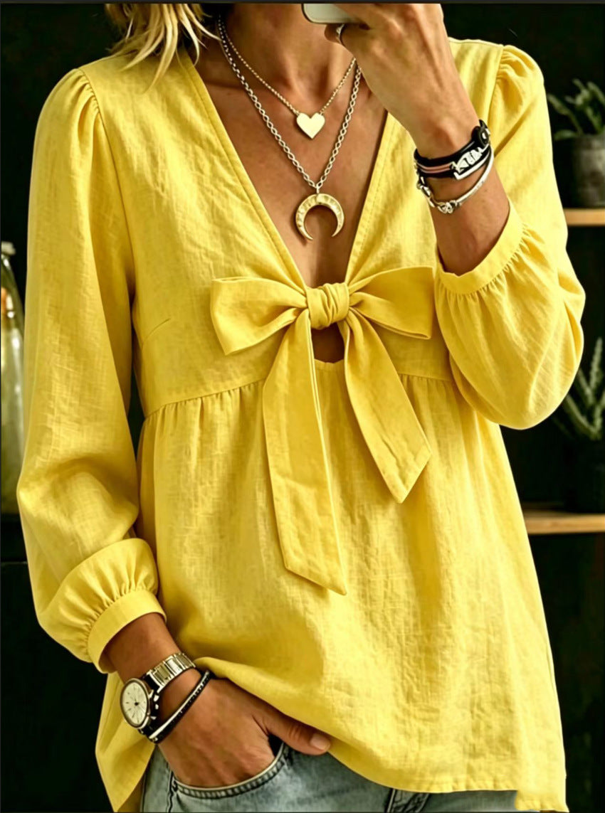 Autumn V-neck Bow Cotton Linen Shirt for Women