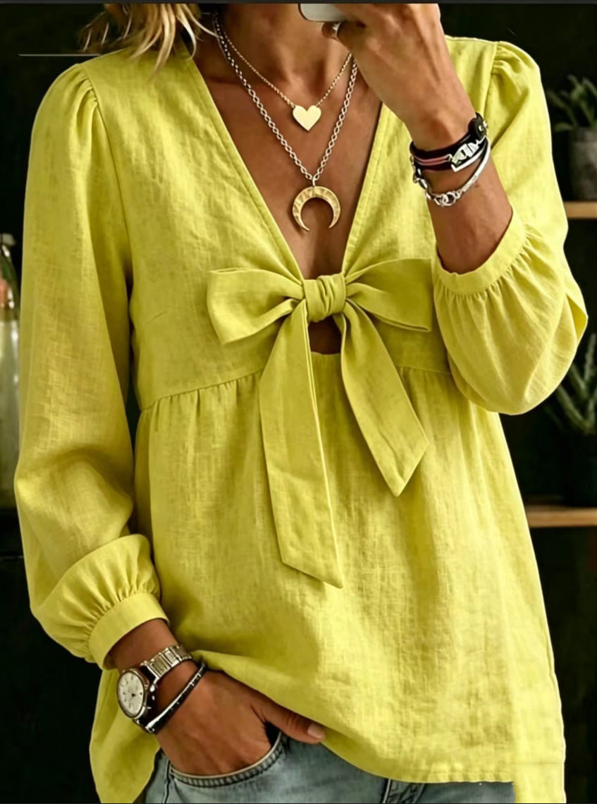 Autumn V-neck Bow Cotton Linen Shirt for Women