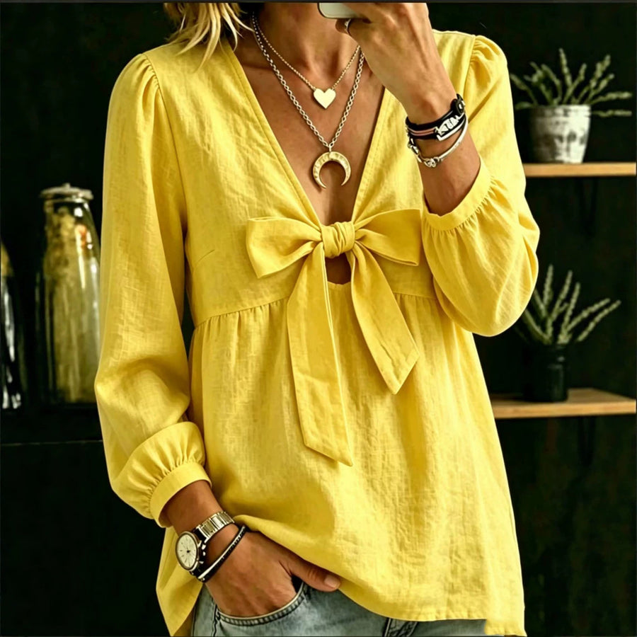 Autumn V-neck Bow Cotton Linen Shirt for Women