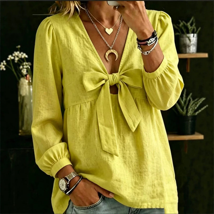 Autumn V-neck Bow Cotton Linen Shirt for Women