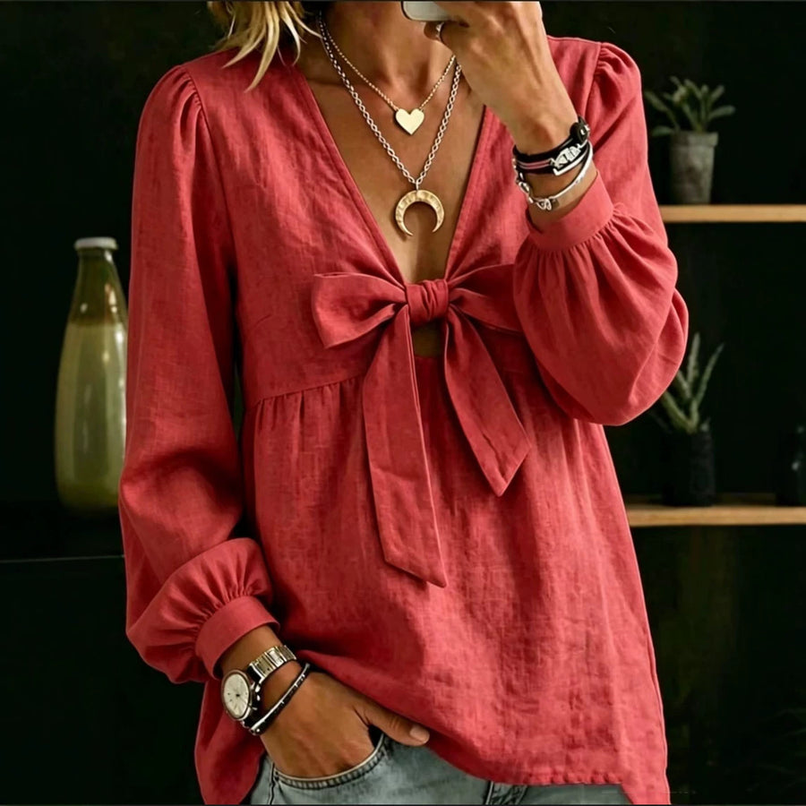 Autumn V-neck Bow Cotton Linen Shirt for Women