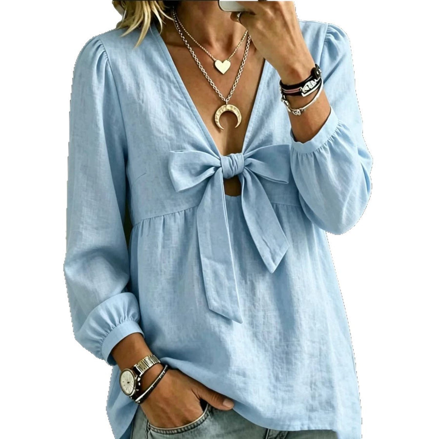 Autumn V-neck Bow Cotton Linen Shirt for Women