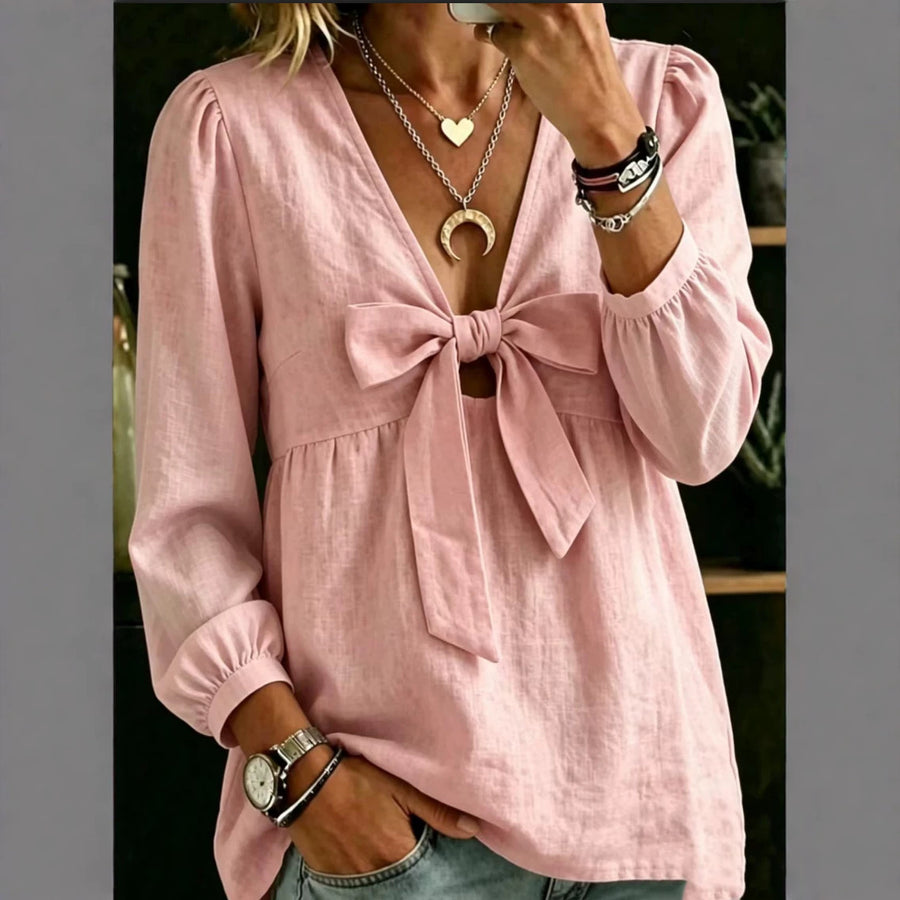Autumn V-neck Bow Cotton Linen Shirt for Women