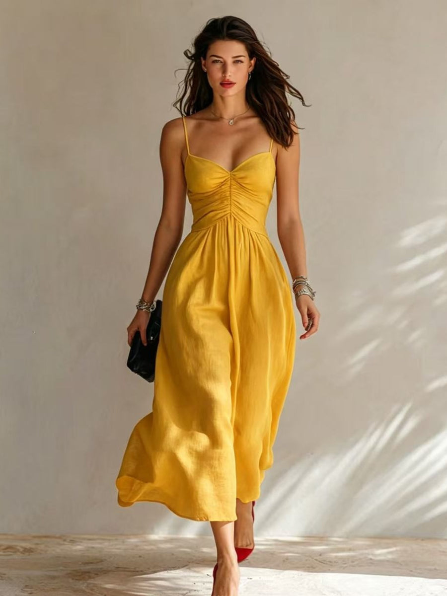Spring Summer Pleated Strap Dress with Yoga Strap Style