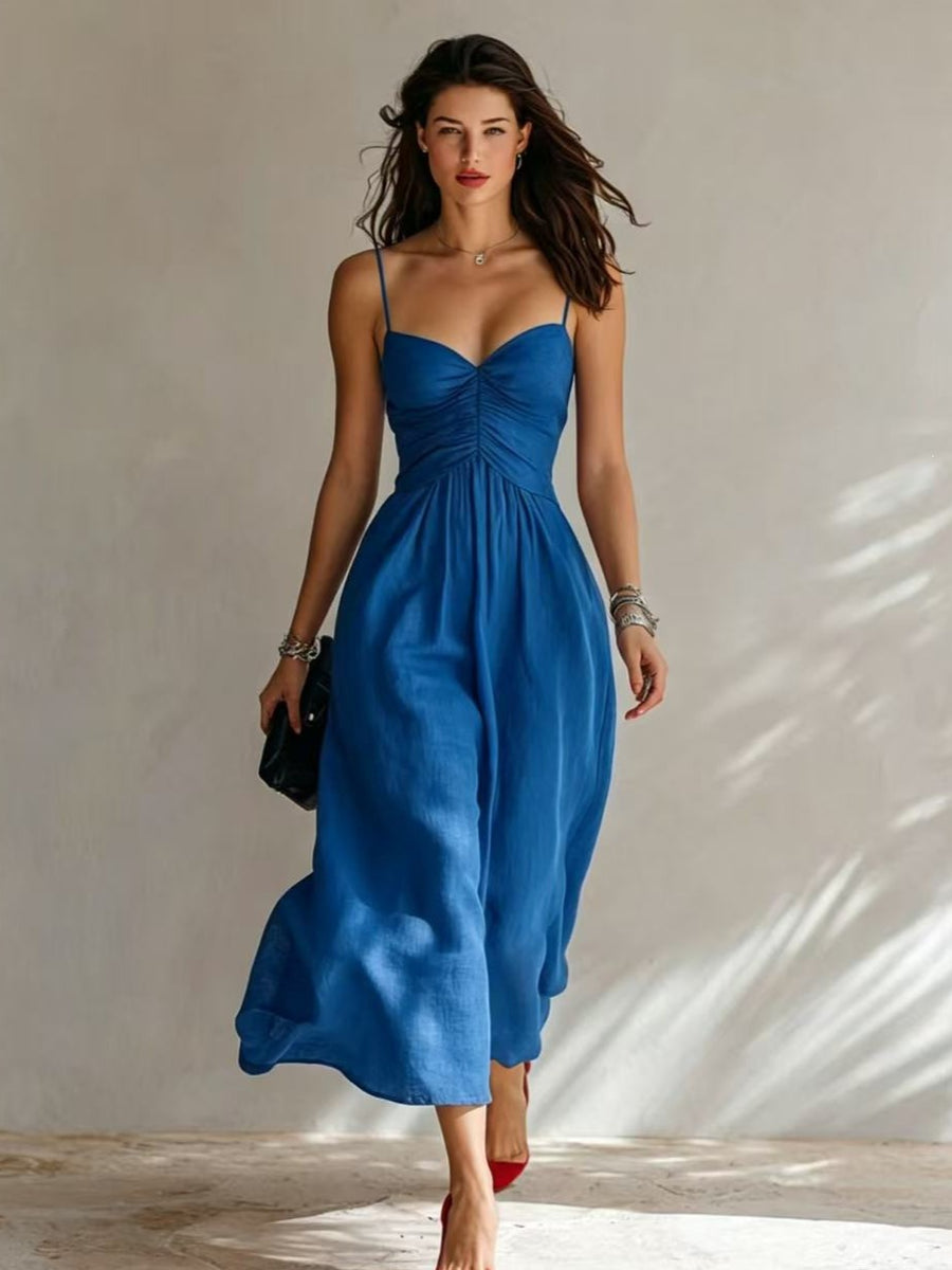 Spring Summer Pleated Strap Dress with Yoga Strap Style