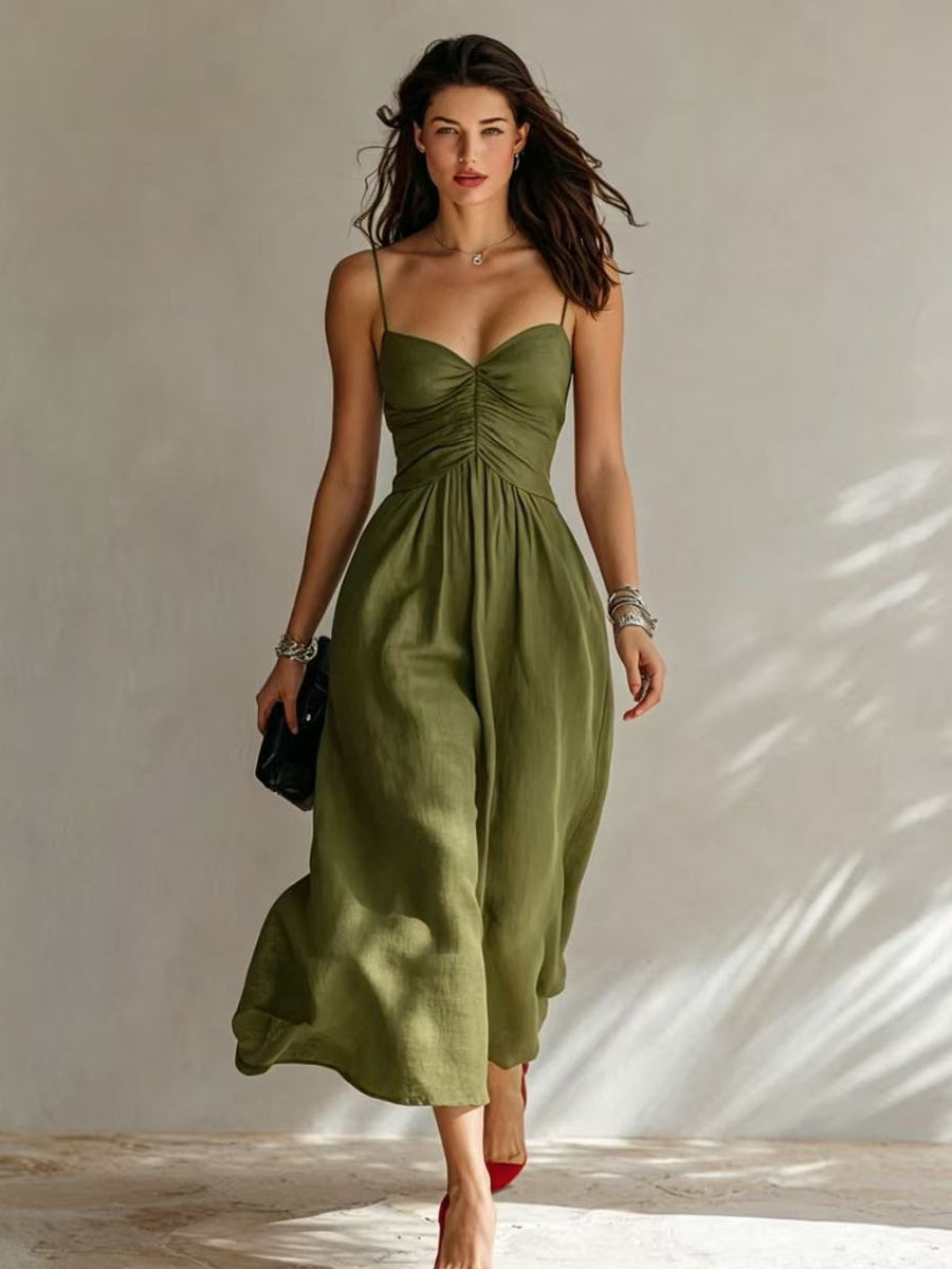 Spring Summer Pleated Strap Dress with Yoga Strap Style
