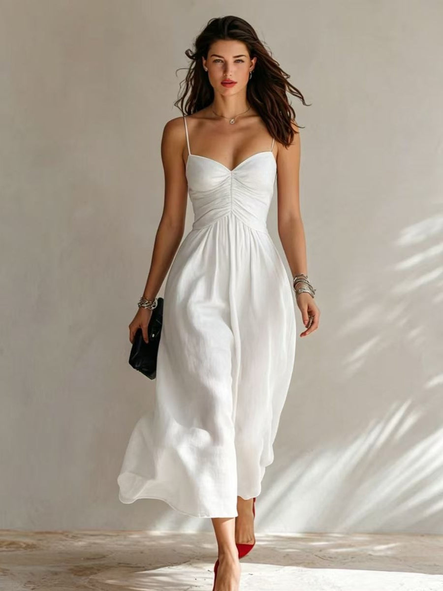 Spring Summer Pleated Strap Dress with Yoga Strap Style