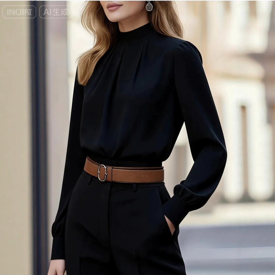 New Semi High Neck Pleated Long Sleeve Shirt for Women