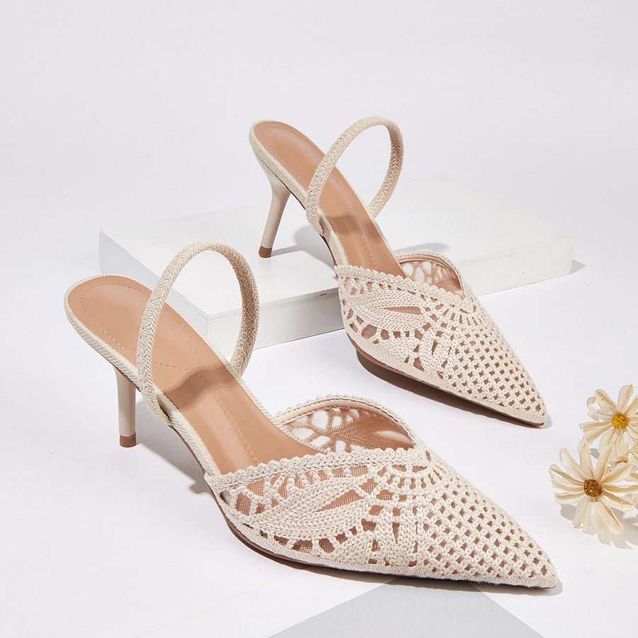 Women's French Style Knitted Cutout Slingback Heeled Sandals