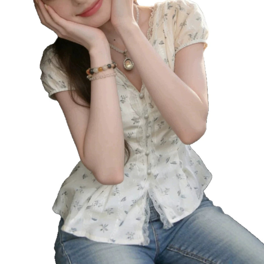 Delicate Lace Trim Floral V-Neck Shirt for Women