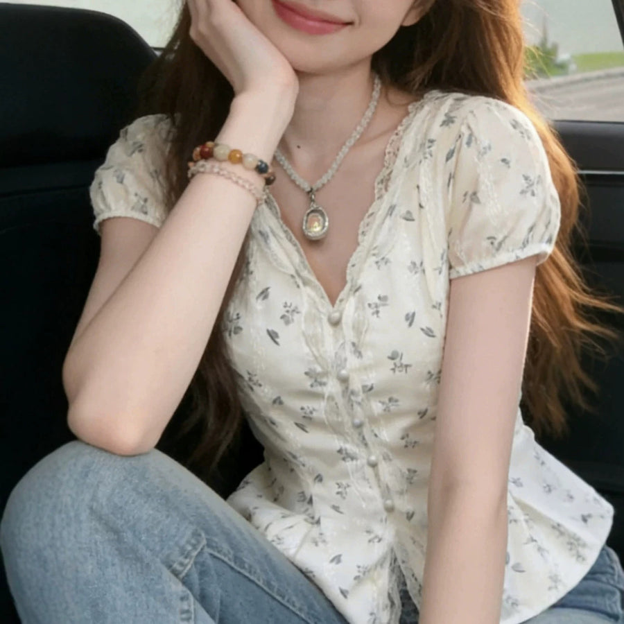 Delicate Lace Trim Floral V-Neck Shirt for Women