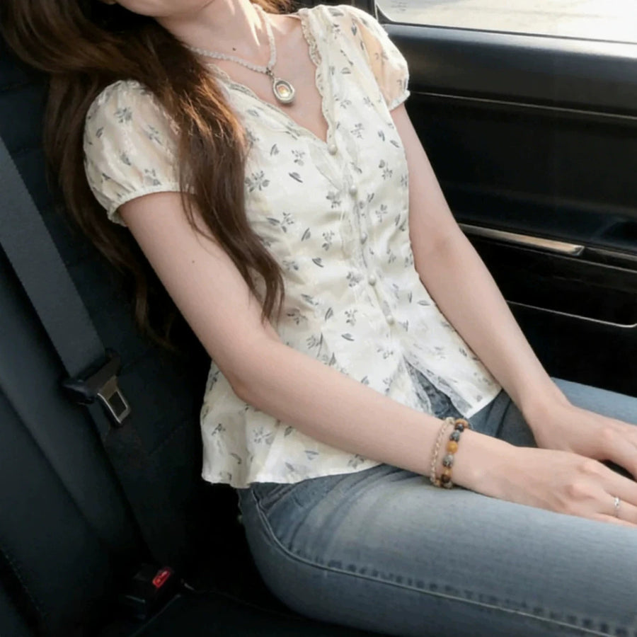 Delicate Lace Trim Floral V-Neck Shirt for Women