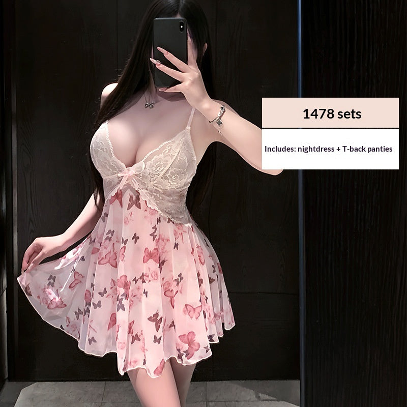 Strap Mesh Printed Butterfly Sheer Nightdress for Seduction