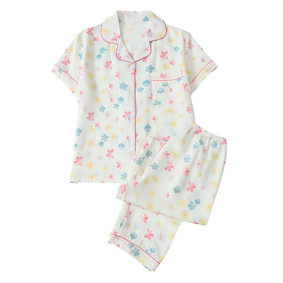Polka-dot Floral-print Cardigan: Stylish Women's Pajama Set