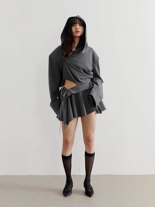 Elegant Dark Gray Tailored Pleated Hooded Short Coat