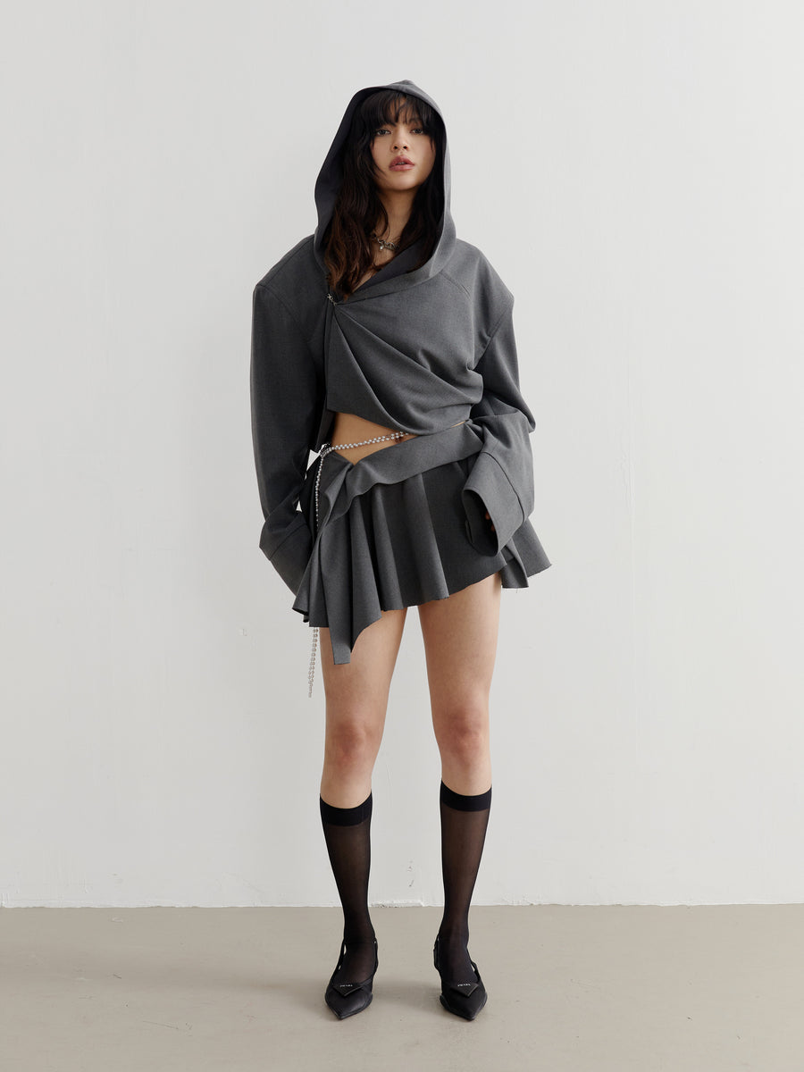 Elegant Dark Gray Tailored Pleated Hooded Short Coat