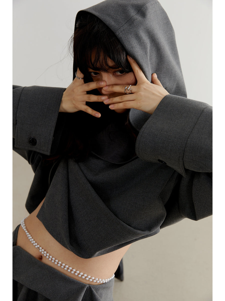 Elegant Dark Gray Tailored Pleated Hooded Short Coat