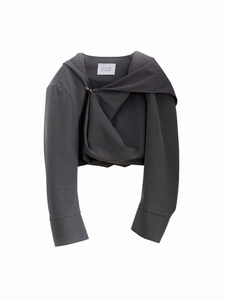Elegant Dark Gray Tailored Pleated Hooded Short Coat
