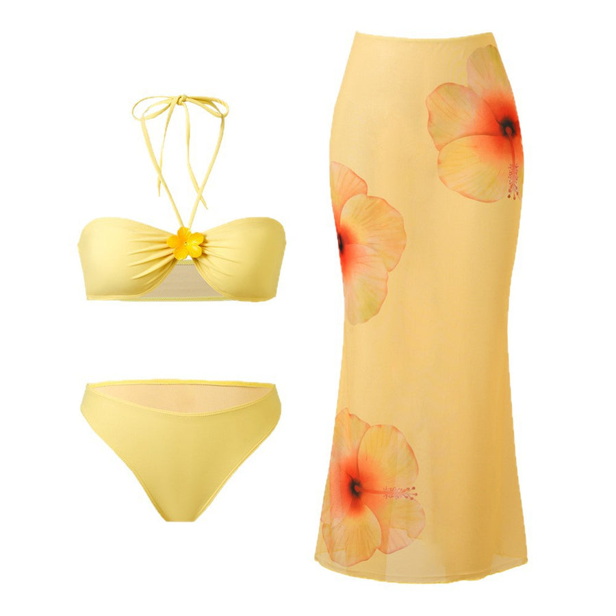 Bikini Three-Piece Set with Sexy Backless Beach Dress