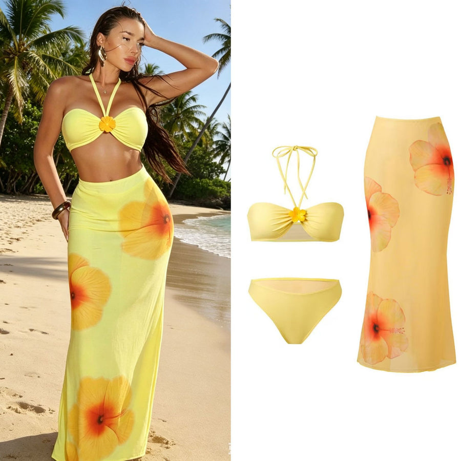 Bikini Three-Piece Set with Sexy Backless Beach Dress