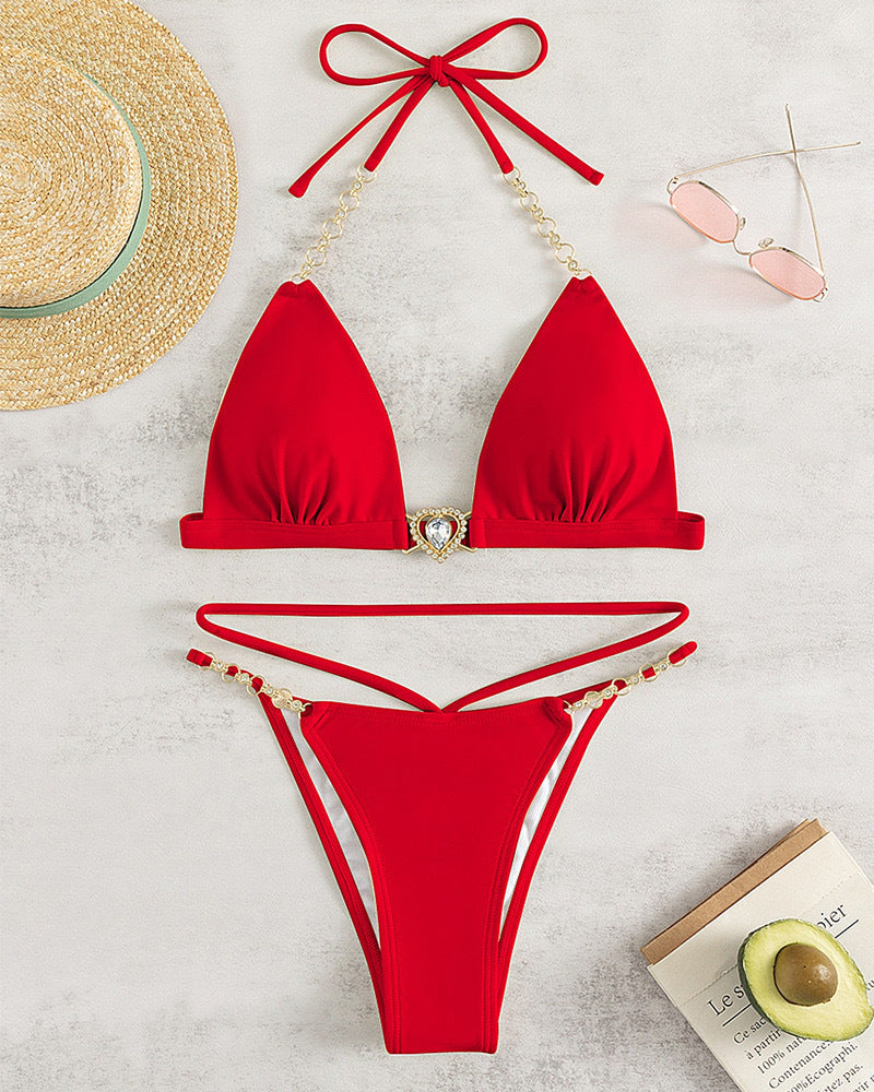 Womens Push-Up Backless Bikini With Chain Strap