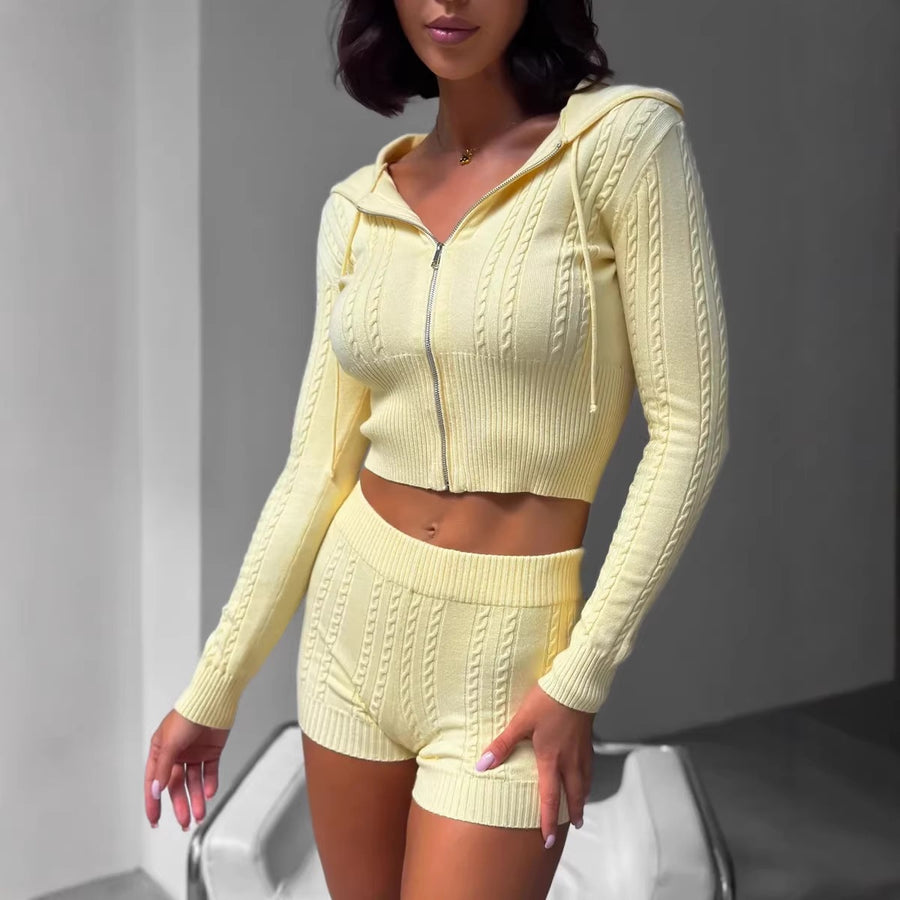 Hooded Zip-up Top And High-waisted Shorts Set for Comfort