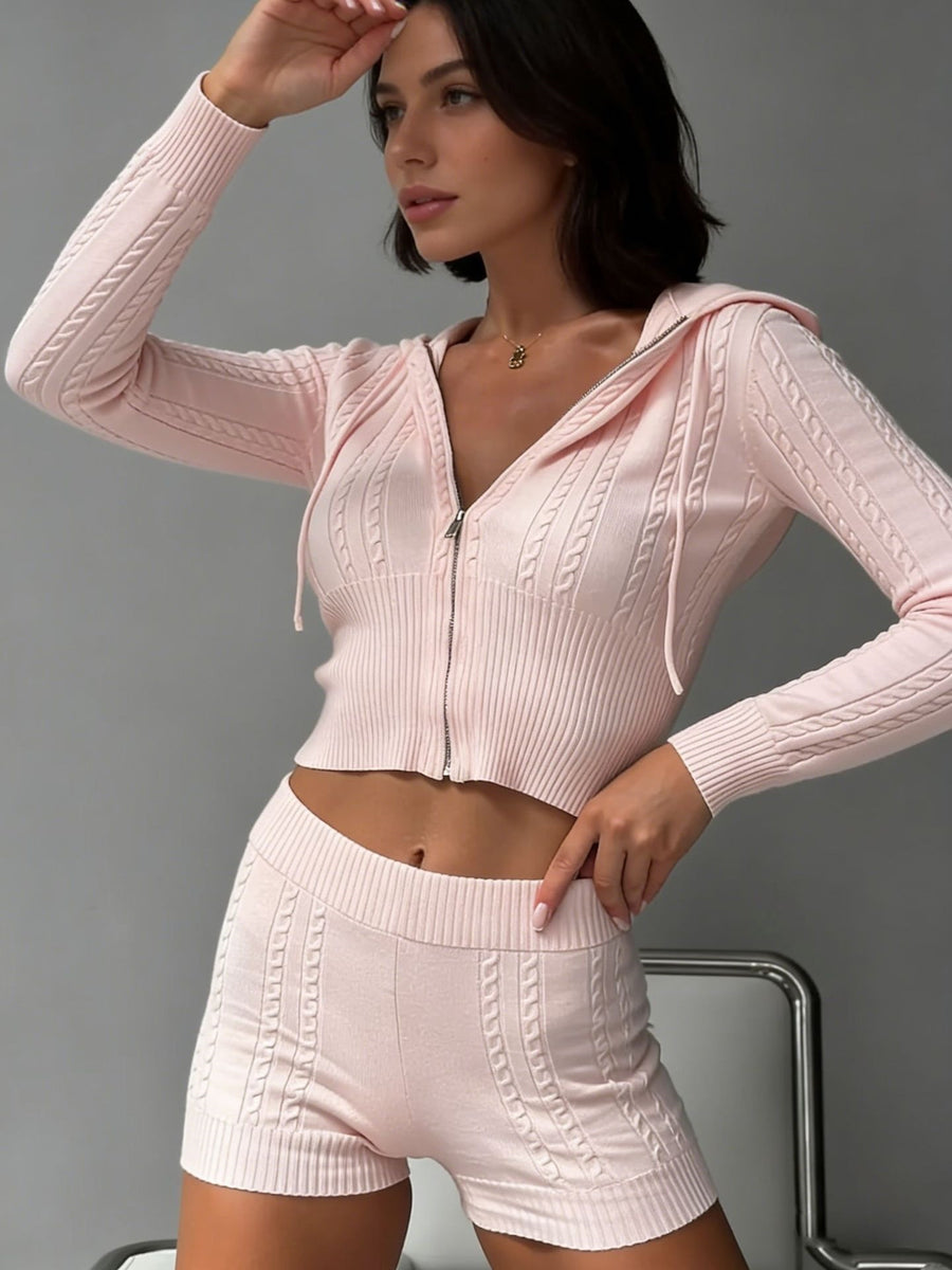 Hooded Zip-up Top And High-waisted Shorts Set for Comfort