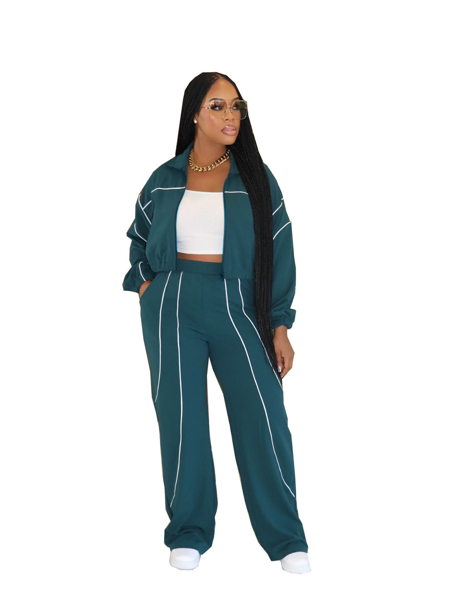 Fashionable Color-block Top and Pants Two-piece Set