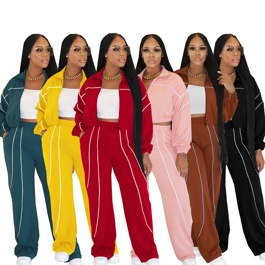 Fashionable Color-block Top and Pants Two-piece Set