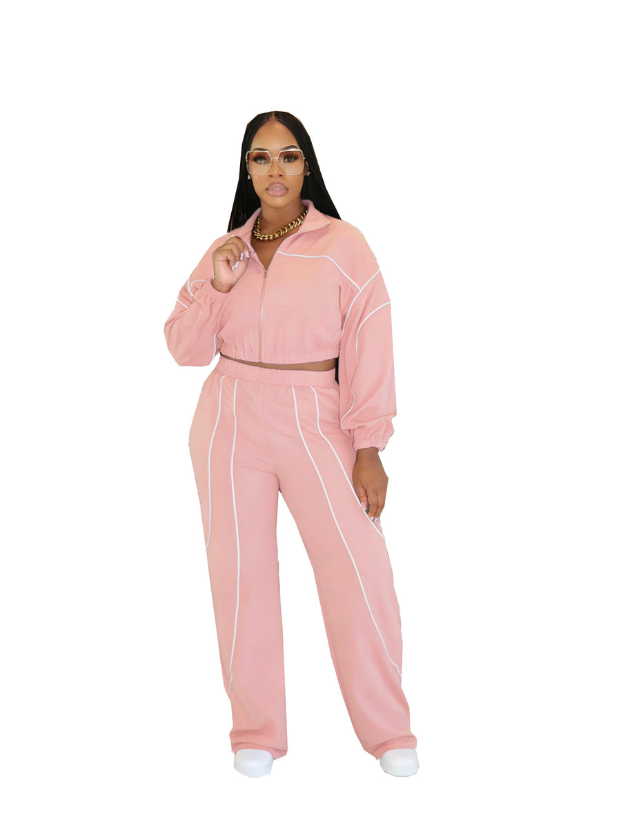 Fashionable Color-block Top and Pants Two-piece Set