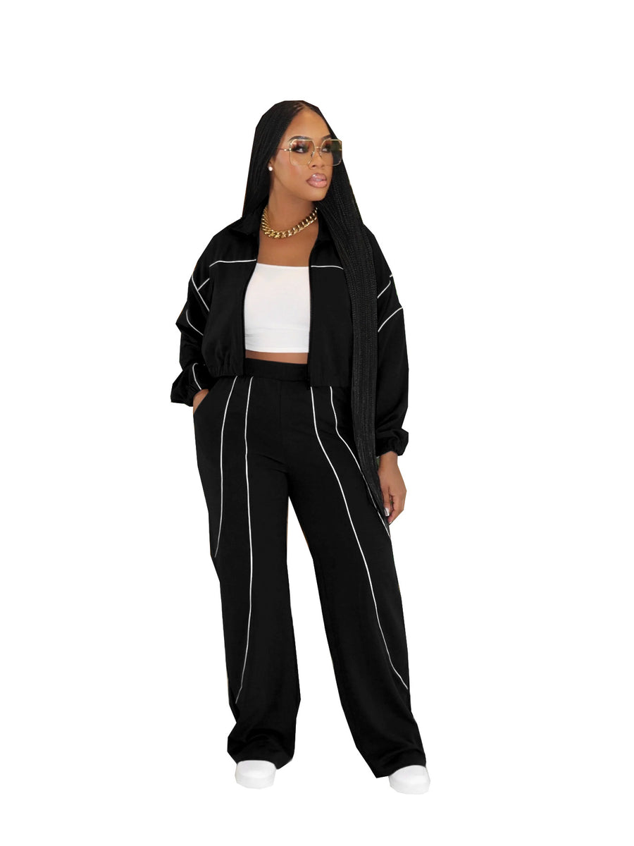 Fashionable Color-block Top and Pants Two-piece Set