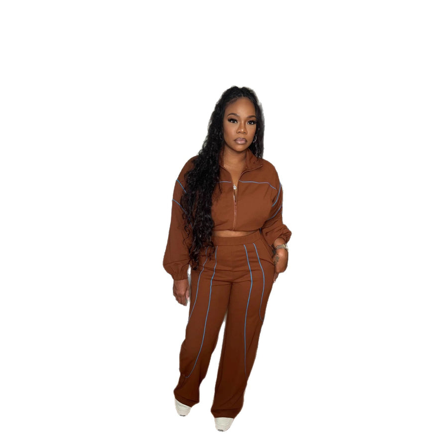 Fashionable Color-block Top and Pants Two-piece Set