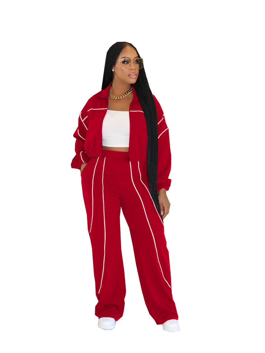 Fashionable Color-block Top and Pants Two-piece Set