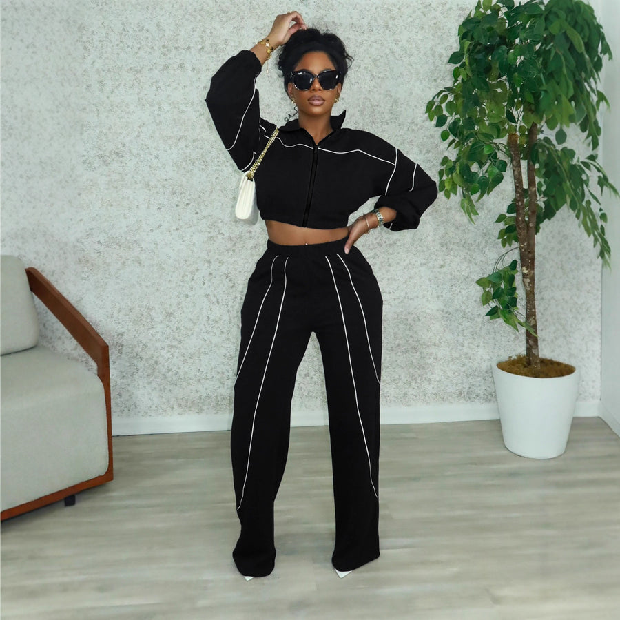 Fashionable Color-block Top and Pants Two-piece Set