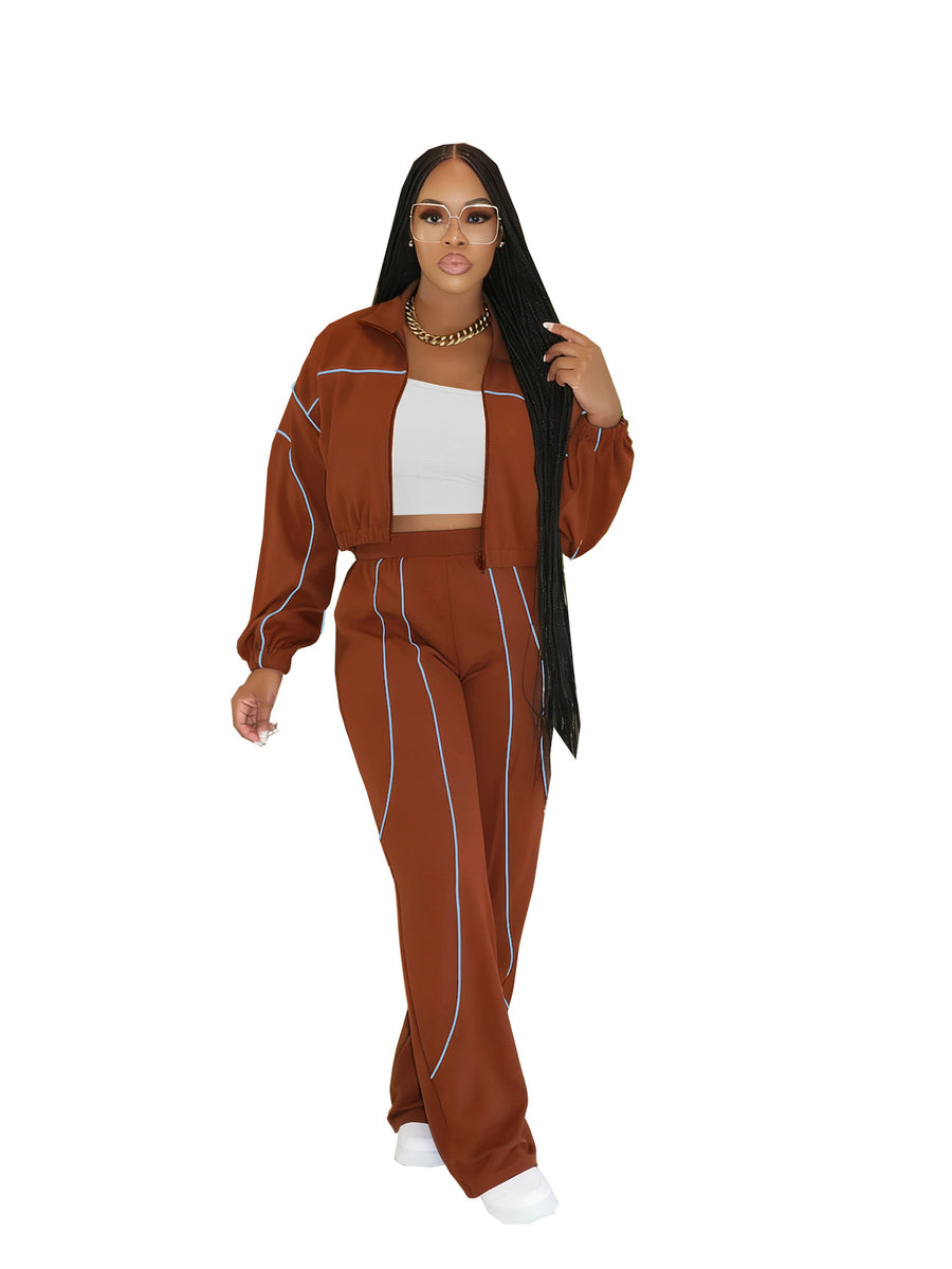 Fashionable Color-block Top and Pants Two-piece Set