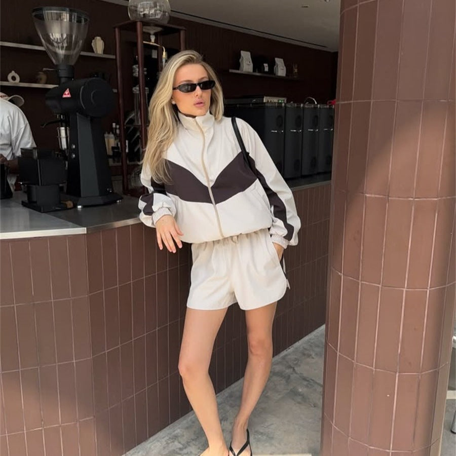 Fashionable Loose-fit Color-block Long-sleeve Top And Shorts Set