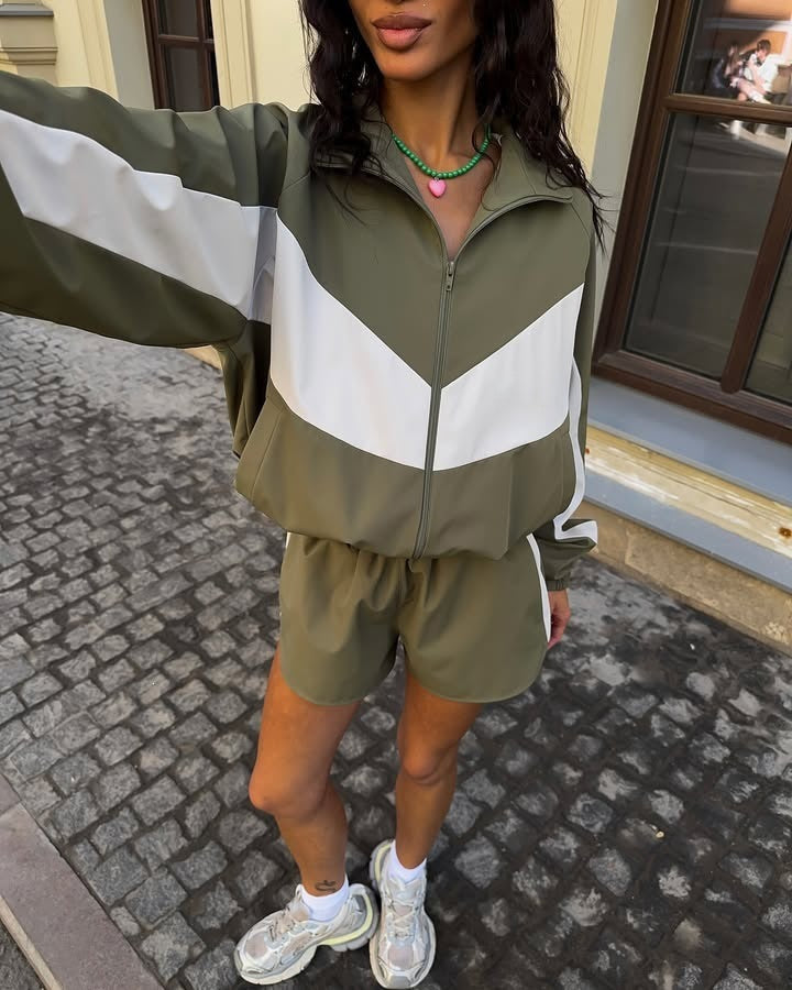Fashionable Loose-fit Color-block Long-sleeve Top And Shorts Set