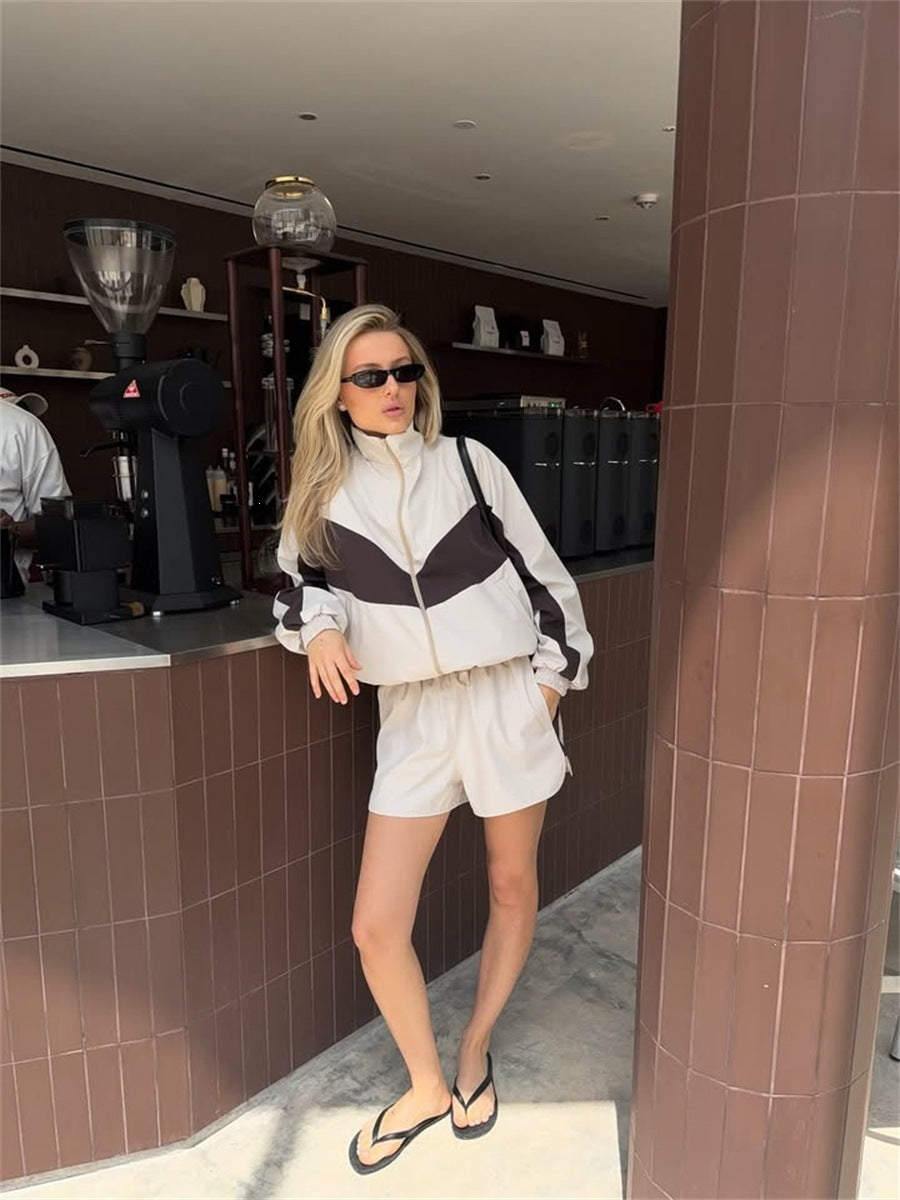 Fashionable Loose-fit Color-block Long-sleeve Top And Shorts Set